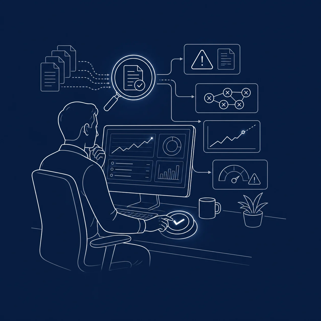A human reviewer uses verified operational records to identify missing evidence, repeated failures, trends and risks.